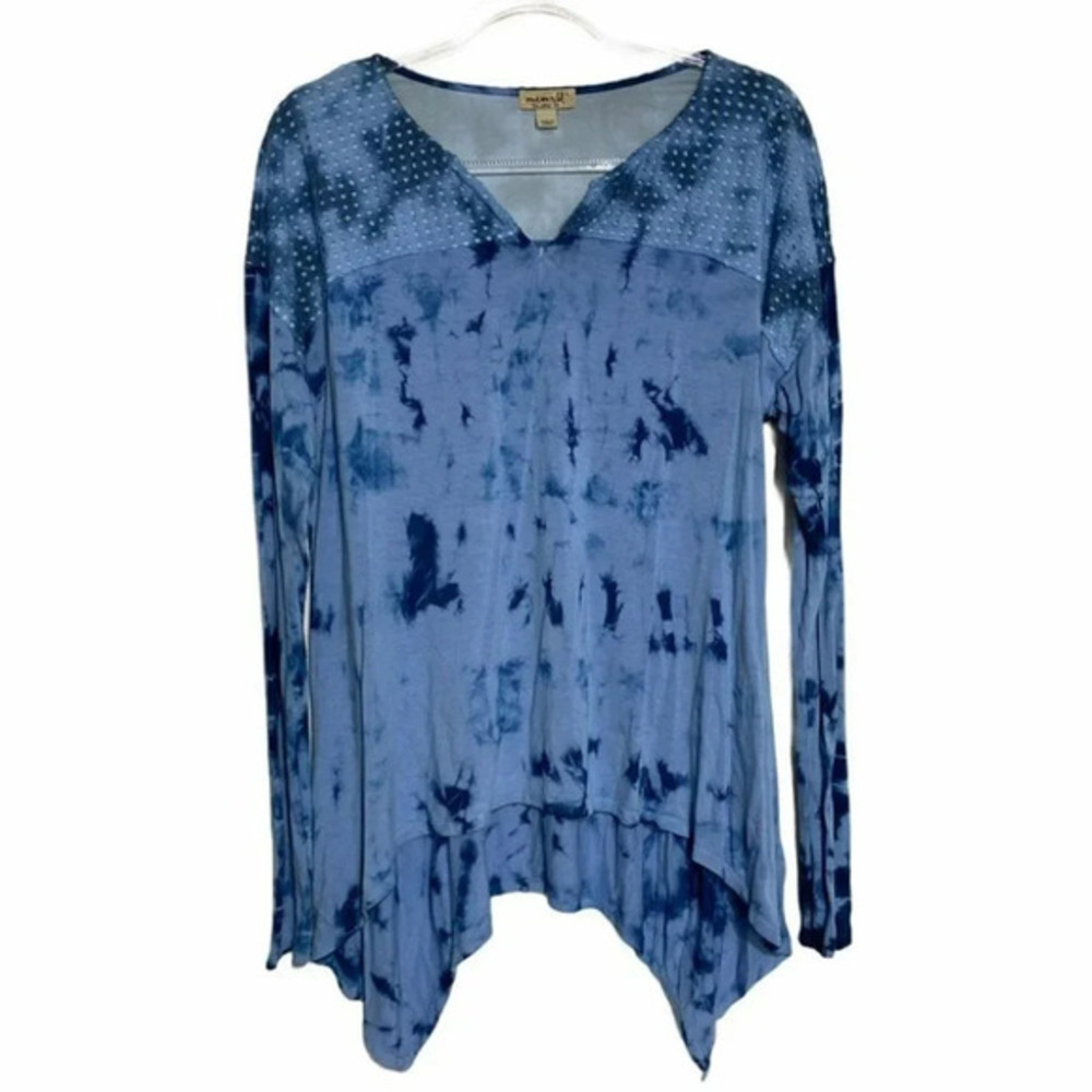 One World Tie Dye Tunic Top Large Blue Sharkbite Eyelet Mesh V-Neck Long Sleeve‎